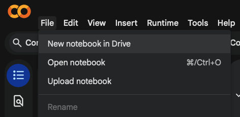 En la parte superior izquerda presione File y luego New Notebook in Drive